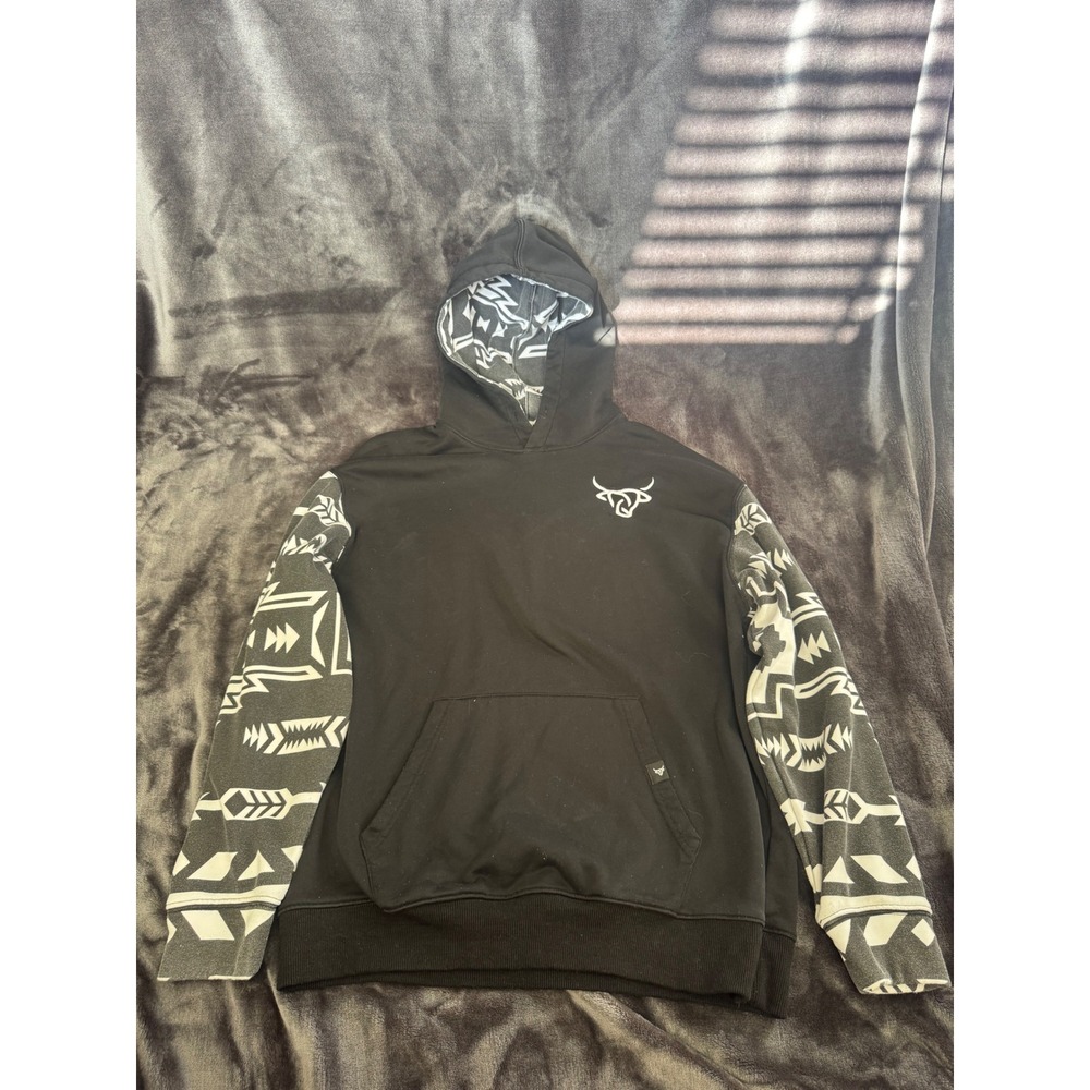 Lost Calf Aztec Western Hoodie Mens Large Black Bull Logo Pullover Cowboy